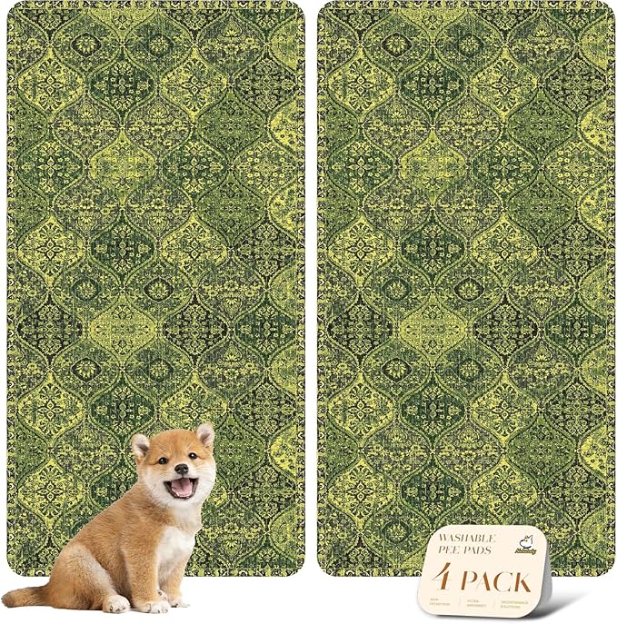 nunubaby 4PACK Washable Pee Pads for Dogs, Stylish, Non-Slip and Leak-Proof Pee Pads. Reusable Potty Pads for Dogs for Crates and Floors.(Green/Multi, 24" x48" )