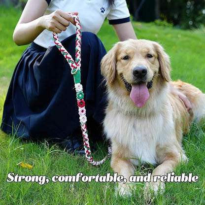 Handmade 5ft Braided Cotton Dog Leash with Unique Floral Handle, Durable and Stylish, Ideal for Small to Large Dogs,Strawberry