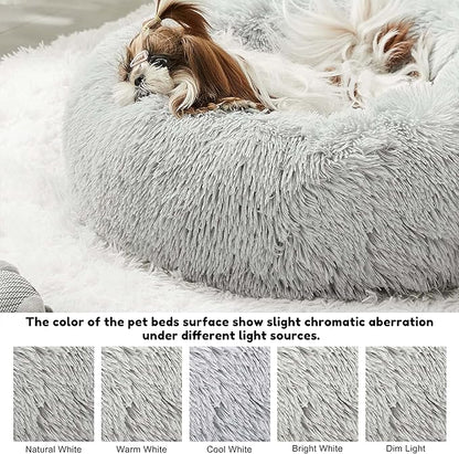 Calming Dog Bed & Cat Bed, Anti-Anxiety Donut Cuddler Beds, Cozy Soft Round Beds, Fluffy Faux Fur Plush Bed for Small Medium Dogs and Cats