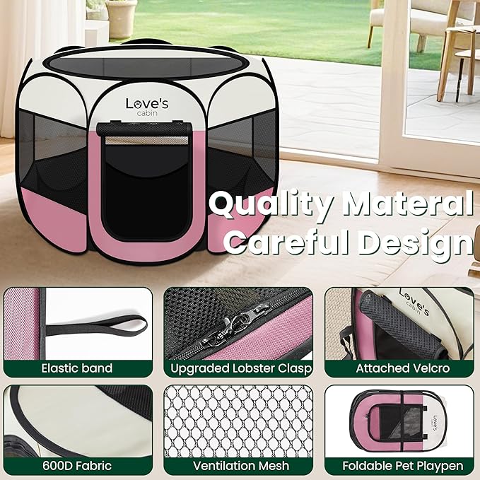 Love's cabin Pet Puppy Dog Playpen, Small Dog Tent Crates Cage Indoor/Outdoor, Portable Playpen for Cat, Foldable Pop Up Dog Kennel Playpen with Carring Case, Removable Zipper Top, Light Pink