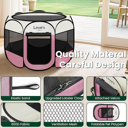 Love's cabin Pet Puppy Dog Playpen, Large Dog Tent Crates Cage Indoor/Outdoor, Portable Playpen for Cat, Foldable Pop Up Dog Kennel Playpen with Carring Case, Removable Zipper Top, Light Pink