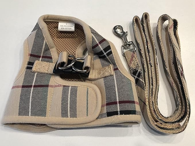 PUPTECK Soft Mesh Dog Harness Small Sized and Leash Set Step-in Plaid Puppy Padded No Pull Vest Harness for XS Dogs Cats Outdoor Walking, Beige M, Chest 15"-16"