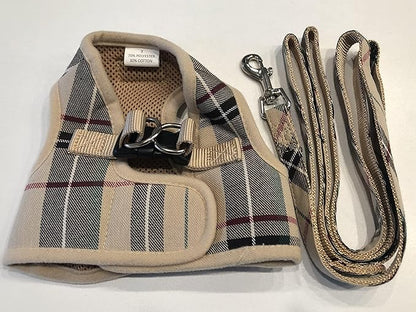 PUPTECK Soft Mesh Dog Harness Small Sized and Leash Set Step-in Plaid Puppy Padded No Pull Vest Harness for XS Dogs Cats Outdoor Walking, Beige M, Chest 15"-16"