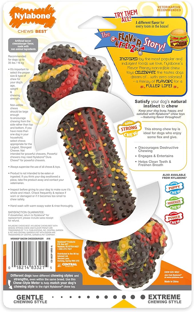 Nylabone Double Action Bone Strong Chew Toy for Dogs, Rubber Dog Toys for Moderate & Aggressive Chewers, Bacon Cheeseburger, Medium - Up to 35 lbs, 1 Count