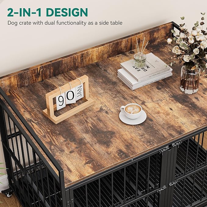 YITAHOME 37.5'' Heavy Duty Dog Crate with Removable Divider, Double Doors & Locks Design, Furniture Style Large Dog Crate with 360° Rotatable Dog Bowls & 360° Wheels & 2 Trays for Small Dog