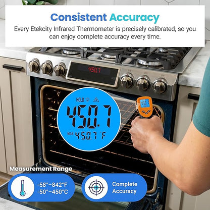 Etekcity Infrared Thermometer Laser Temperature Gun 774, Meat Food Candy Oven Thermometer for Griddle Accessories, Heat Gun for Cooking Refrigerator Tools, Adjustable Emissivity & Max Measure, Orange