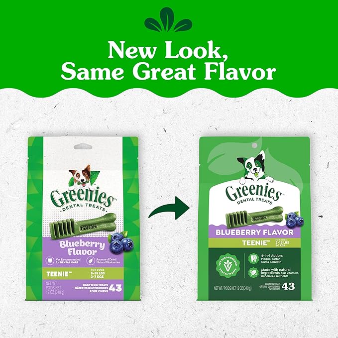 Greenies Dog Treats Veterinarian-Recommended Natural Dental Treats for Dogs, Teenie Size, Blueberry Flavor, 12 oz. Packs, 43 Count