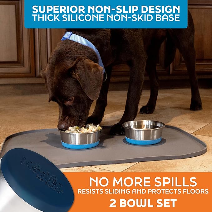 Master Pet Supply Stainless Steel Dog Bowls Set of 2 with Extra Thick Silicone Base - 2 Cup (16 oz) Navy Blue, Non-Slip, Dishwasher Safe Metal Bowls, Pet Dog Food Bowl for Dogs, Cats, Anti Rust