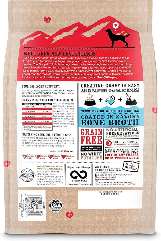 I AND LOVE AND YOU Baked and Saucy Dry Dog Food - Beef + Sweet Potato - Prebiotic + Probiotic, Real Meat, Grain Free, No Fillers, 21lb Bag