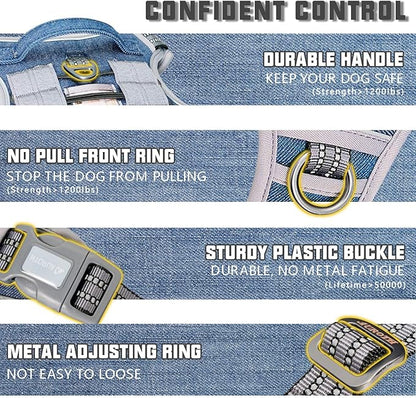 AUROTH Tactical Dog Harness for Small Medium Dogs No Pull Adjustable Pet Harness Reflective Working Training Easy Control Pet Vest Military Service Dog Harnesses Denim Blue S
