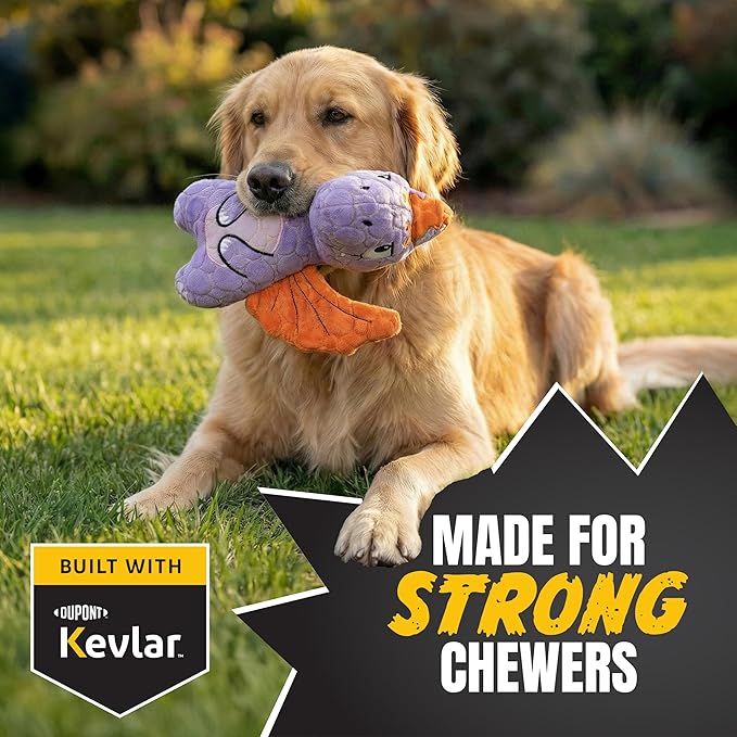 Bite Force - Durable & Strong Dog Toy Purple Dino with Squeaker, Kevlar-Reinforced for Aggressive chewers.