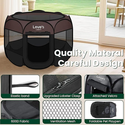Love's cabin Pet Puppy Dog Playpen, Large Dog Tent Crates Cage Indoor/Outdoor, Portable Playpen for Cat, Foldable Pop Up Dog Kennel Playpen with Carring Case, Removable Zipper Top, Brown