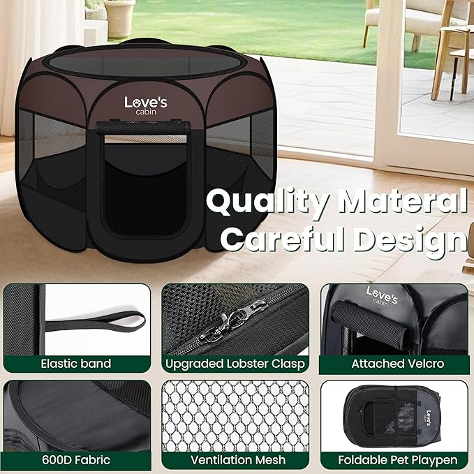 Love's cabin Pet Puppy Dog Playpen, Medium Dog Tent Crates Cage Indoor/Outdoor, Portable Playpen for Cat, Foldable Pop Up Dog Kennel Playpen with Carring Case, Removable Zipper Top, Brown