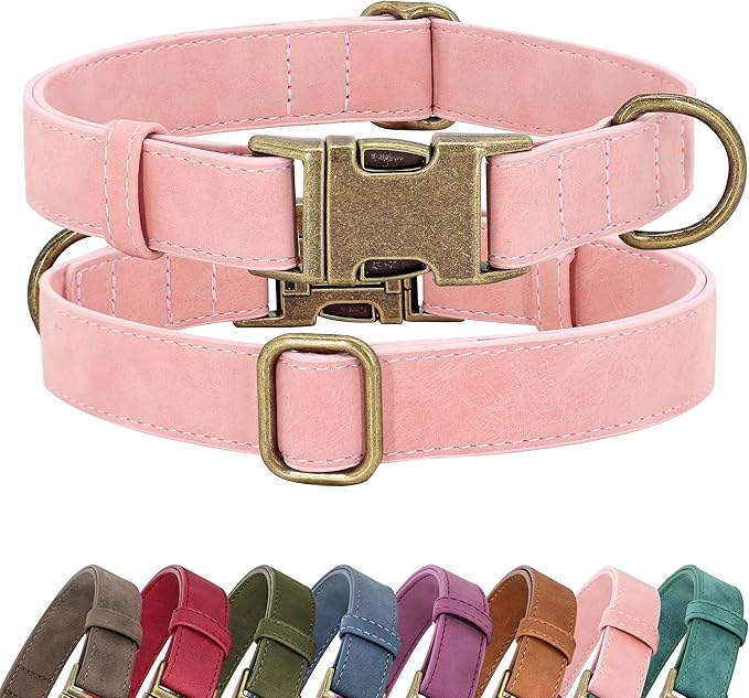 Didog Soft PU Leather Dog Collar, Stylish Quick Released Dog Collars for Medium Dogs, Easy Clean Adjustable Pet Collar for Daily Walking, Pink, M Fit 14-18" Neck