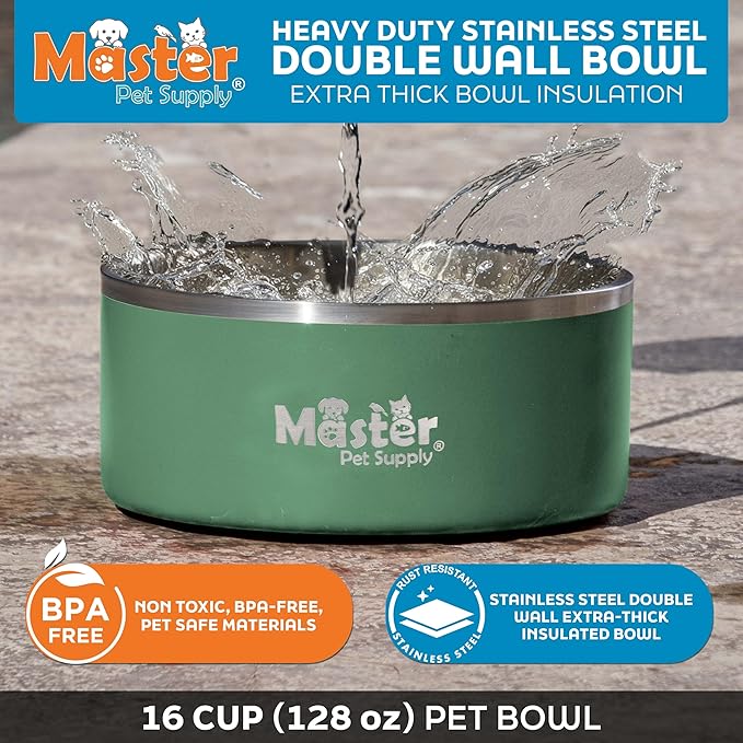 Master Pet Supply Stainless Steel Dog Bowls - 128 oz, Heavy Duty - Camo Patrol, Double Wall Extra-Thick Insulated, Non-Slip Pet Water Bowl for Dogs, Cats & Pets, Anti Rust Metal, Dish Washer Safe