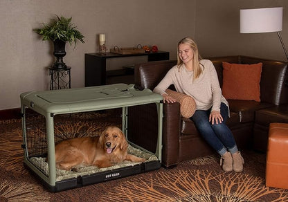 Pet Gear “The Other Door” 4 Door Steel Crate for Dogs/Cats with Garage-Style Door, Includes Plush Bed + Travel Bag, No Tools Required, Willow, 42 Inch