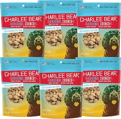 Charlee Bear Original Crunch Dog Training Treats, Liver Flavor, 3 Calories Each, Low Calorie Natural Rewards for Puppies to Adult Dogs, Made in USA, 16 oz (6-Pack)