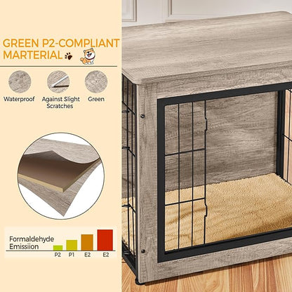 Yaheetech 27.5'' Dog Crate Furniture with Cushion Wooden Dog Crate with Double Doors/Adjustable Feet Side End Table for Small/Medium Dogs, Greige