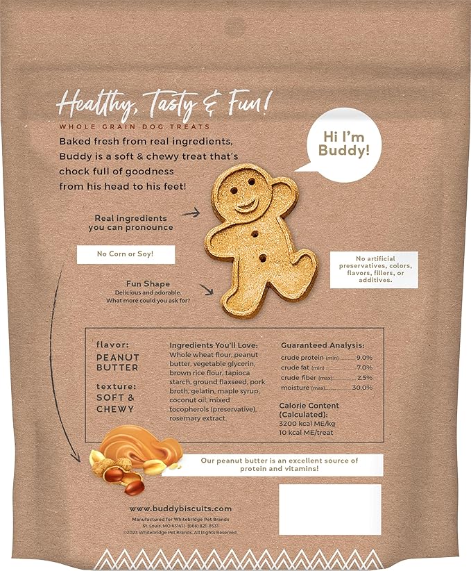 Buddy Biscuits Softies Pouch, Soft & Chewy, Natural Peanut Butter Flavor Dog Treats, Oven Baked in The USA, 8 oz (Pack of 3)