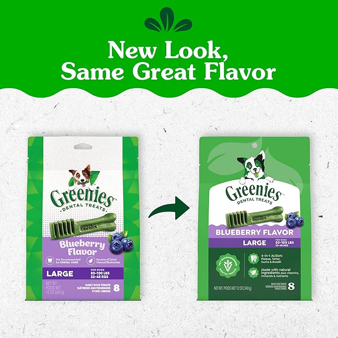 Greenies Dog Treats, Veterinarian-Recommended Natural Dental Dog Treats, Large Size, Blueberry Flavor, 12 oz. Pack, 8 Count