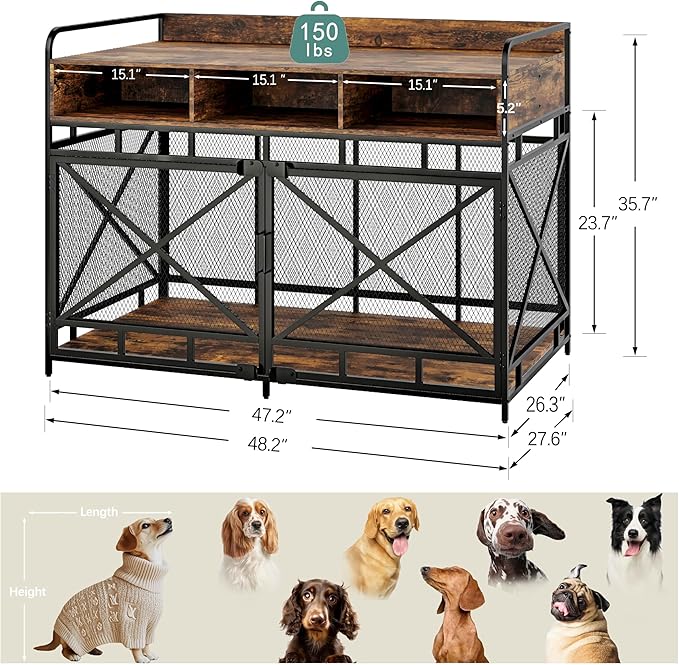 Fulhope Dog Crate Furniture, 48" Heavy Duty Wooden Dog Crate End Table, XL Dog Kennel Furniture Large Breed, Decorative Dog Kenne Indoor with 3 Drawers & Steel Tubes 48" L x28 W x36 H (Rustic Brown)