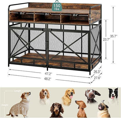 Fulhope Dog Crate Furniture, 48" Heavy Duty Wooden Dog Crate End Table, XL Dog Kennel Furniture Large Breed, Decorative Dog Kenne Indoor with 3 Drawers & Steel Tubes 48" L x28 W x36 H (Rustic Brown)