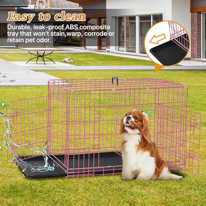 Folding Dog Crate 36" Metal Portable Outdoor Double Door Wire Large Cat Pet Dog Cage Kennel with ABS Tray LC & Divider, Pink
