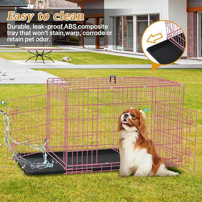 Folding Dog Crate 36" Metal Portable Outdoor Double Door Wire Large Cat Pet Dog Cage Kennel with ABS Tray LC & Divider, Pink