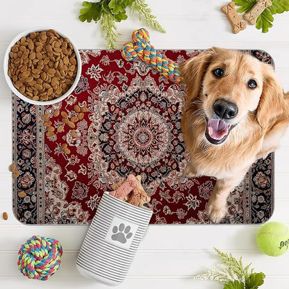 Vintage Carpet Boho Pet Feeding Mat,Absorbent Quick-Dry Cat Dog Food and Water Bowl Mats,Non-Slip Rubber Backing Mat,Cat Dog Accessories Supplies 12"x20"