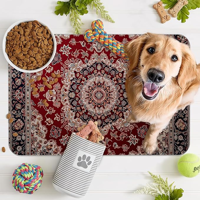 Vintage Carpet Boho Pet Feeding Mat,Absorbent Quick-Dry Cat Dog Food and Water Bowl Mats,Non-Slip Rubber Backing Mat,Cat Dog Accessories Supplies 16"x24"