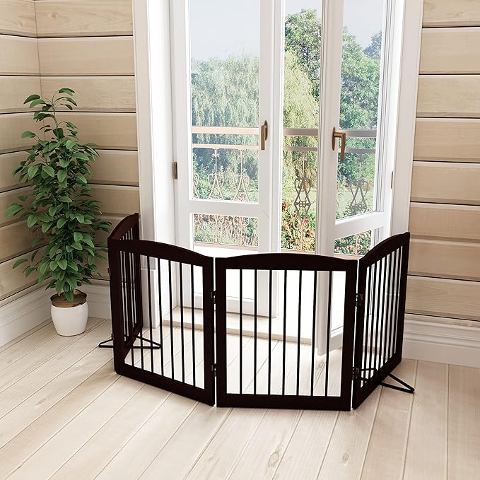 PUPETPO Freestanding Pet Gate for Dogs, Foldable Wooden Dog Gate for House, Indoor Dog Gate for Stair, Doorway, Gates for Dogs Indoor, 80 Inch Wide, 4 Panels 24",Brown