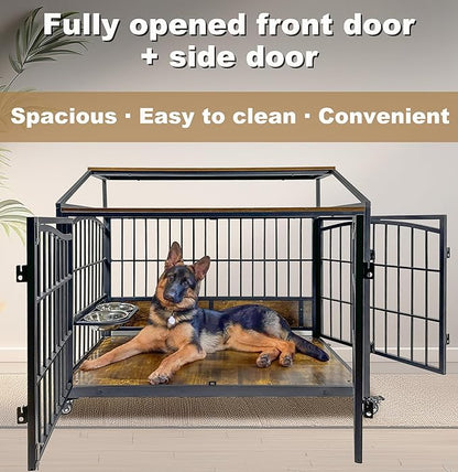 48 Inch Dog Crate Furniture, XXL Kennel Cage Rustic Wooden Pet House End Table Dog Home for Large Dogs with 2 Stainless Steel Bowls Indoor Use 48" L x 30" W x 40" H