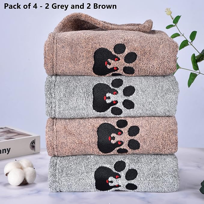Dogvingpk Dog Towel - Pack of 4 - Super Absorbent Soft Microfiber Pet Bath Grooming Towels for Drying Dogs and Other Pets (M-36" * 28", 2Grey and 2Brown)