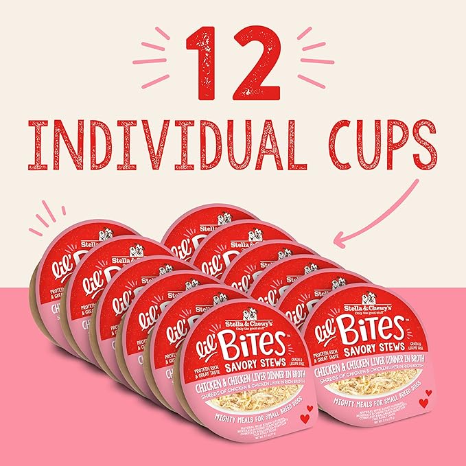Stella & Chewy's Lil Bites Savory Stews for Small Breeds Chicken & Chicken Liver Dinner in Broth,2.7 oz. Cups,(Pack of 24)