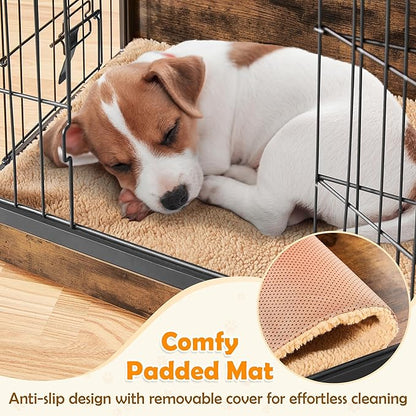 Yaheetech 27.5 Inch Dog Crate Furniture with Cushion, Wooden Dog Kennel with Double Door Side End Table with Adjustable Feet for Small Medium Dogs