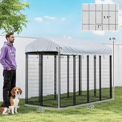 PawHut Outdoor Dog Kennel with Roof, 8' x 4' x 6' Heavy Duty Welded Wire Dog Playpen Enclosure with Escape-Proof Lock, UV-Resistant & Waterproof Cover, for Medium Dogs, Chickens, Ducks, Silver