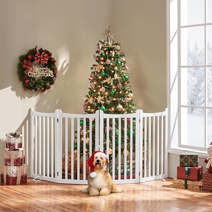 Yaheetech 36" H Extra Tall Freestanding Pet Gate 4-Panel Wooden Dog Fence with 2 Support Feet Folding Dog Gate for Indoor, Stairs, Doorways, Halls, Kitchen Wooden Pet Barrier White, 79.5" L x 36" H
