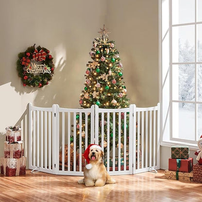 Yaheetech 36" H Extra Tall Freestanding Pet Gate 4-Panel Wooden Dog Fence with 2 Support Feet Folding Dog Gate for Indoor, Stairs, Doorways, Halls, Kitchen Wooden Pet Barrier White, 79.5" L x 36" H