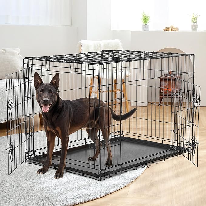 Simple Deluxe 36-Inch Dog Cage with Divider, Metal Wire Two-Door Folding Mid-Sized Pet Kennel with Leak-Proof Plastic Tray, Portable Indoors, Outdoors, and Traval