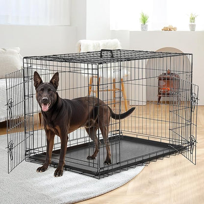 Simple Deluxe 36-Inch Dog Cage with Divider, Metal Wire Two-Door Folding Mid-Sized Pet Kennel with Leak-Proof Plastic Tray, Portable Indoors, Outdoors, and Traval