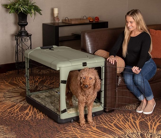 Pet Gear “The Other Door” 4 Door Steel Crate for Dogs/Cats with Garage-Style Door, Includes Plush Bed + Travel Bag, No Tools Required, Willow, 36 Inch
