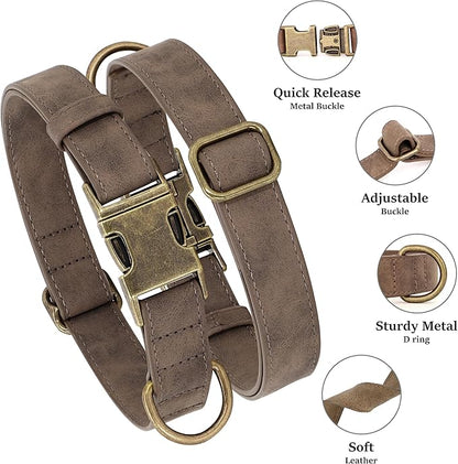 Didog Soft PU Leather Dog Collar, Stylish Quick Released Dog Collars for Small Dogs, Easy Clean Adjustable Pet Collar for Daily Walking, Brown, S Fit 10-15" Neck