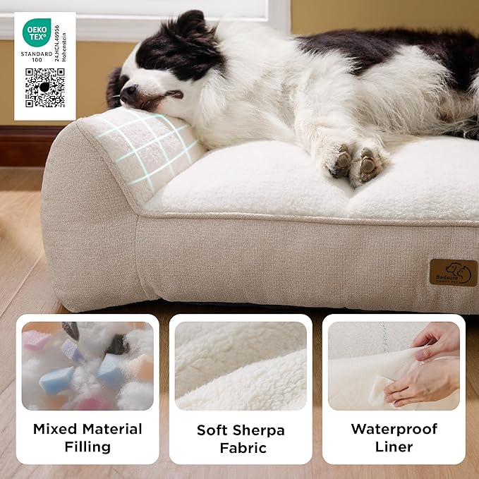 Bedsure SupportMax™ XL Plus Orthopedic Dog Beds Large Sized Dog - As Seen on TV Extra Thick Supportive Dogs Couch with Waterproof Washable Cover, Jumbo Comfort Pet Sofa with Soft Sherpa, Beige, 48"