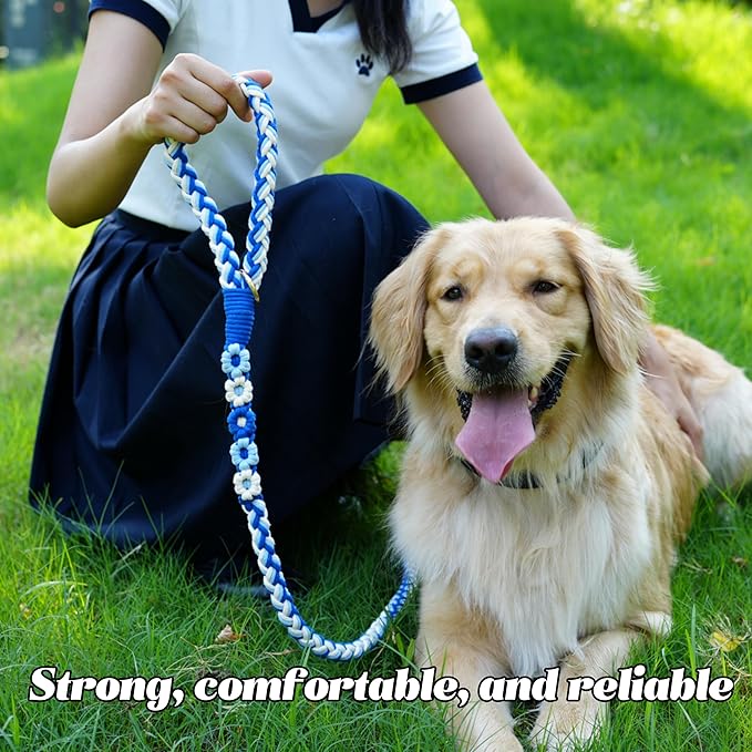 Handmade 5ft Braided Cotton Dog Leash with Unique Floral Handle, Durable and Stylish, Ideal for Small to Large Dogs,Sea Wave
