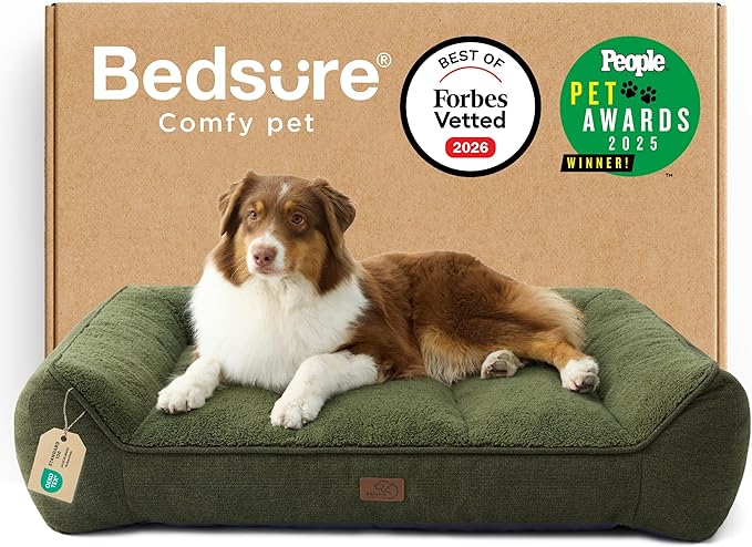 Bedsure SupportMax™ Orthopedic Dog Beds Large Sized Dog - As Seen on TV Extra Thick Supportive Large Dogs Bed with Waterproof Washable Cover, L Plus Comfort Pet Sofa with Soft Sherpa, Green, 38"