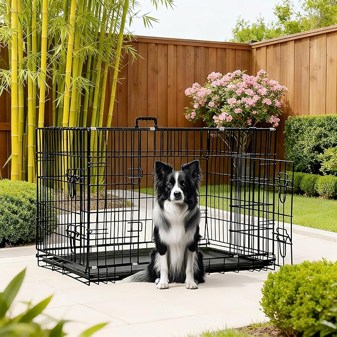 FDW Dog Crate 42-Inch Dog Cage Foldable Metal Kennel with Leakproof Tray Foldable Design Indoor Outdoor Use for Large Dogs,Dark Black