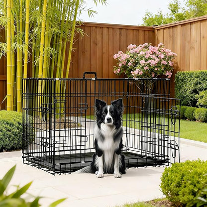 FDW Dog Crate 42-Inch Dog Cage Foldable Metal Kennel with Leakproof Tray Foldable Design Indoor Outdoor Use for Large Dogs,Dark Black