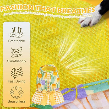 EXPAWLORER Dog Harness Small Medium Sized Dogs, Tulip Dog Dress Bowknot Harness and Leash Set, No Choke No Pull Soft Mesh Vest Cute Princess Puppy Outfits Clothes Costume for Girls Party Cats Yellow S