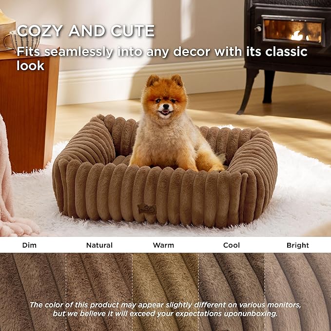 Bedsure ComfyFleece™ Washable Dog Bed for Medium Dogs - Cute Furry Puppy Beds, Rectangle Orthopedic Corduroy Fleece Pet Beds with Removable Zipper Cover, 30x24x8inches, Camel Brown