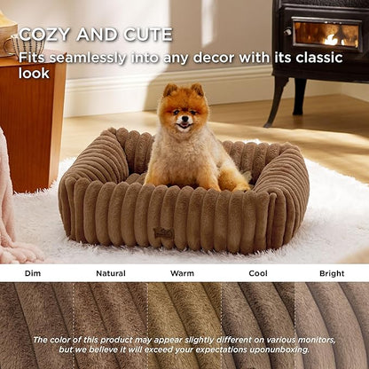 Bedsure ComfyFleece™ Cute Dog Bed for Small Medium Dogs - Washable Furry Puppy Beds, Rectangle Orthopedic Corduroy Fleece Pet Beds with Removable Zipper Cover, 25x21x7inches, Camel Brown